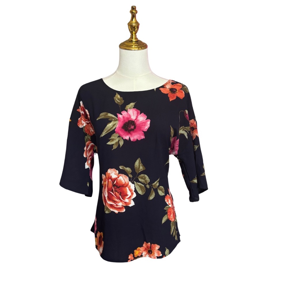 West Kei Black Bow Back Blouse with Pink and Red Floral Design